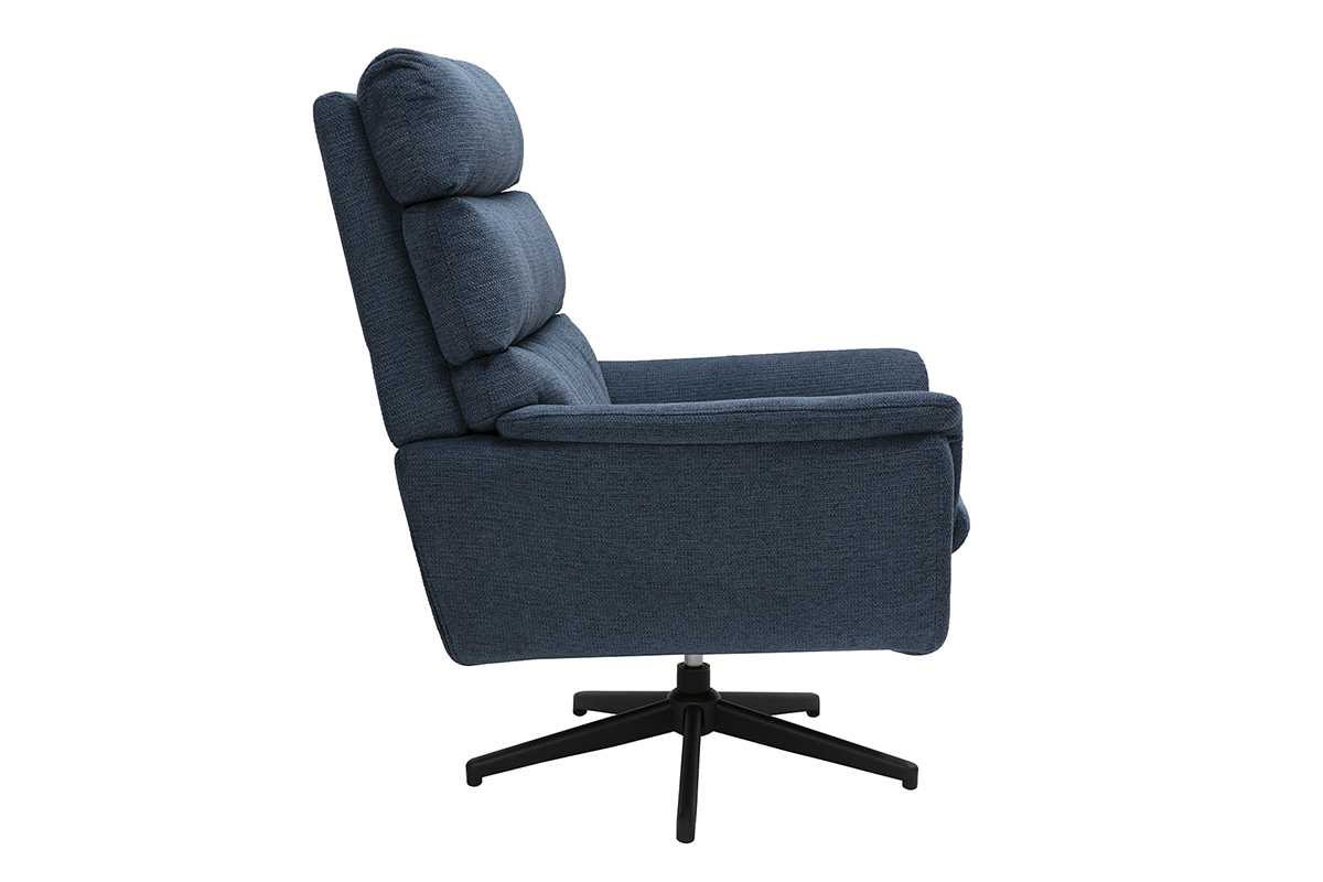 Drehbarer Sessel aus dunkelblauem Chenille-Stoff und schwarzem Metall JONAH
