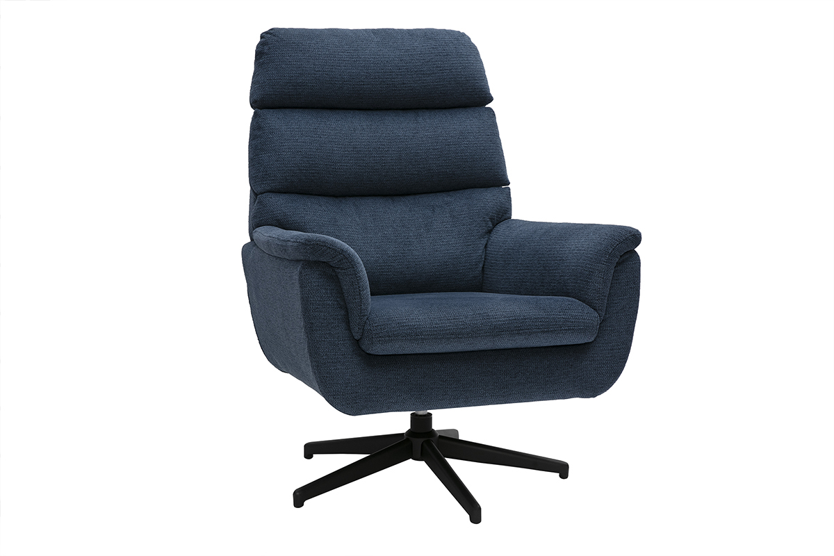 Drehbarer Sessel aus dunkelblauem Chenille-Stoff und schwarzem Metall JONAH