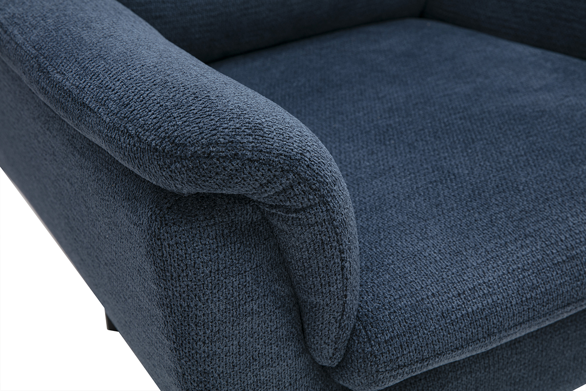 Drehbarer Sessel aus dunkelblauem Chenille-Stoff und schwarzem Metall JONAH