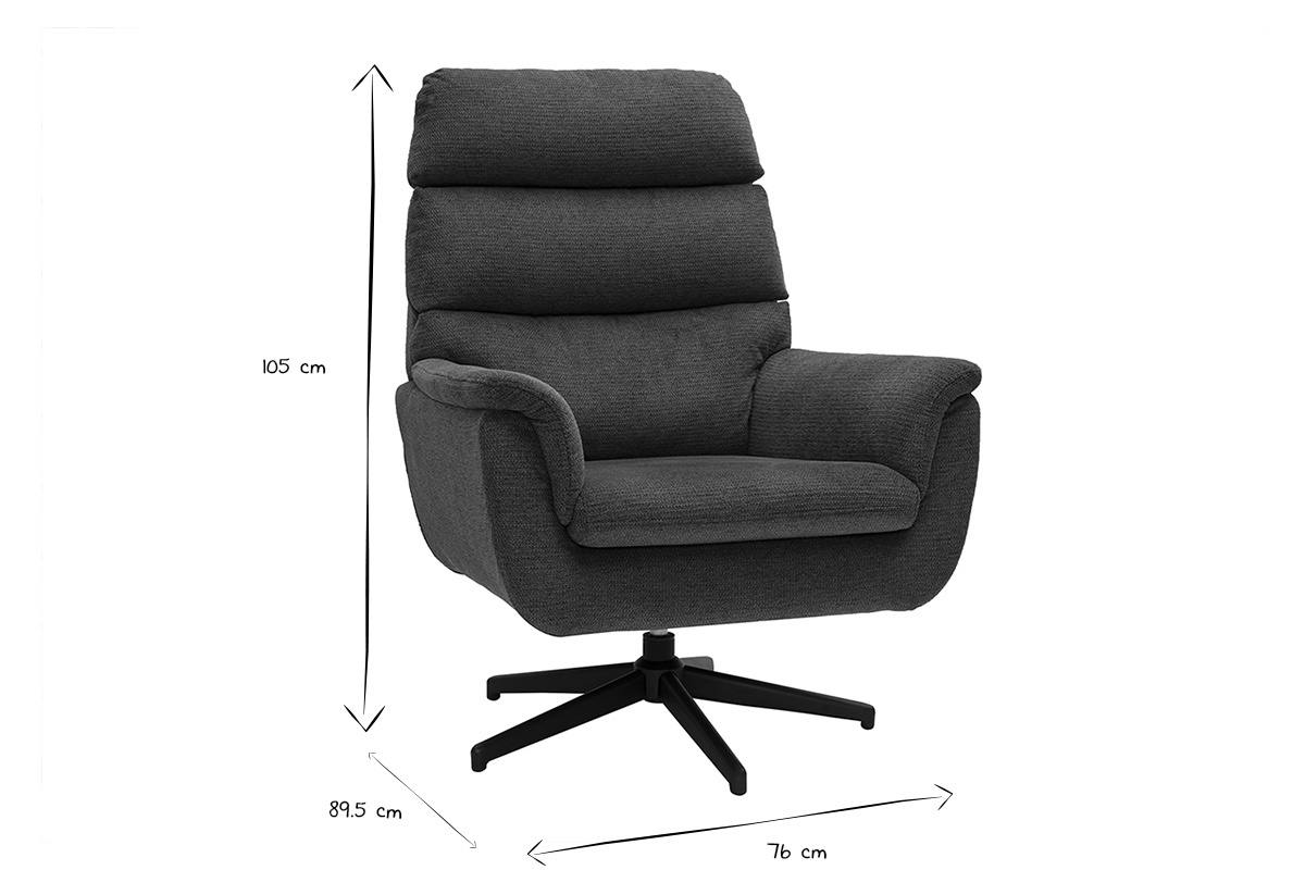 Drehbarer Sessel aus dunkelblauem Chenille-Stoff und schwarzem Metall JONAH