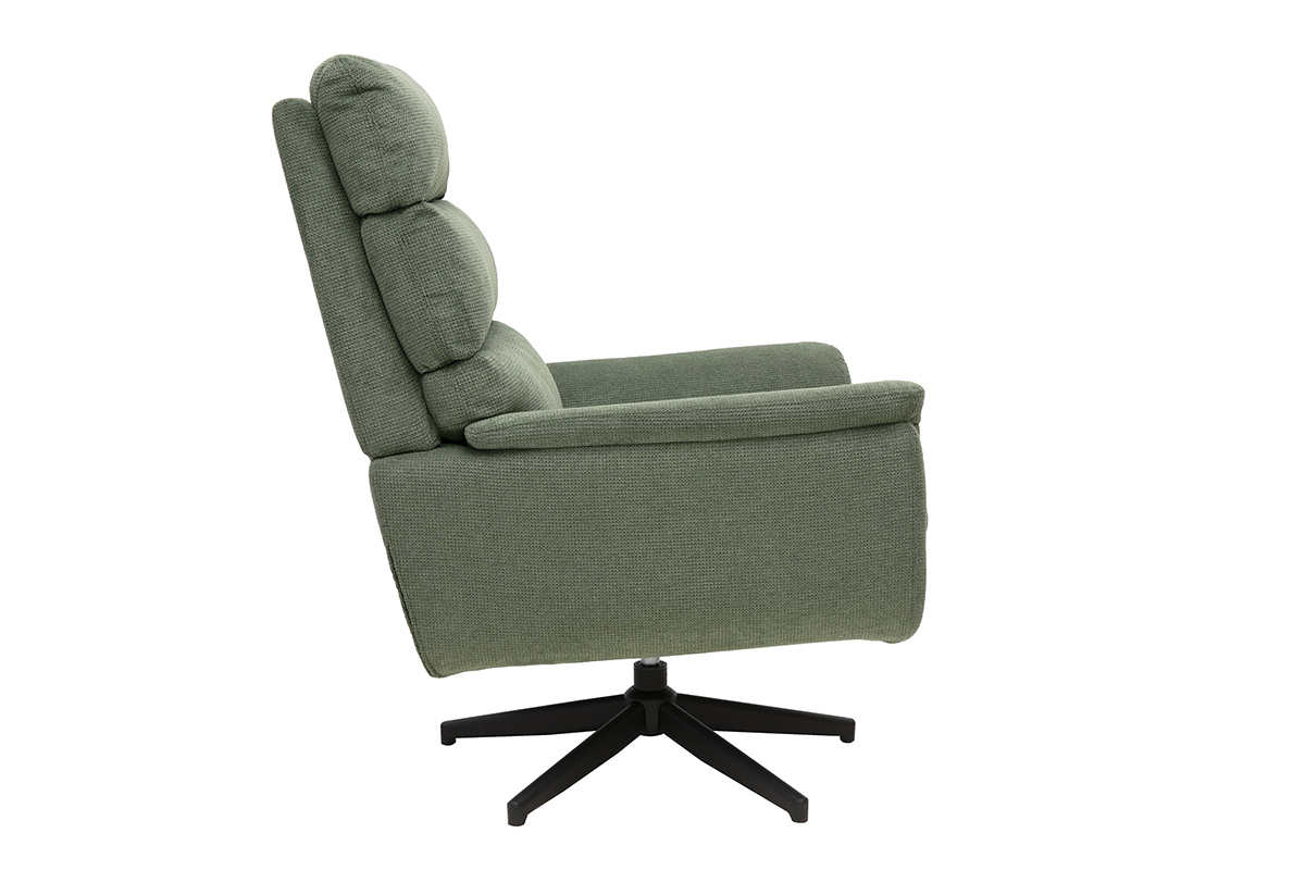 Drehbarer Sessel aus khakigr�nem Stoff, Basis aus schwarzem Metall.