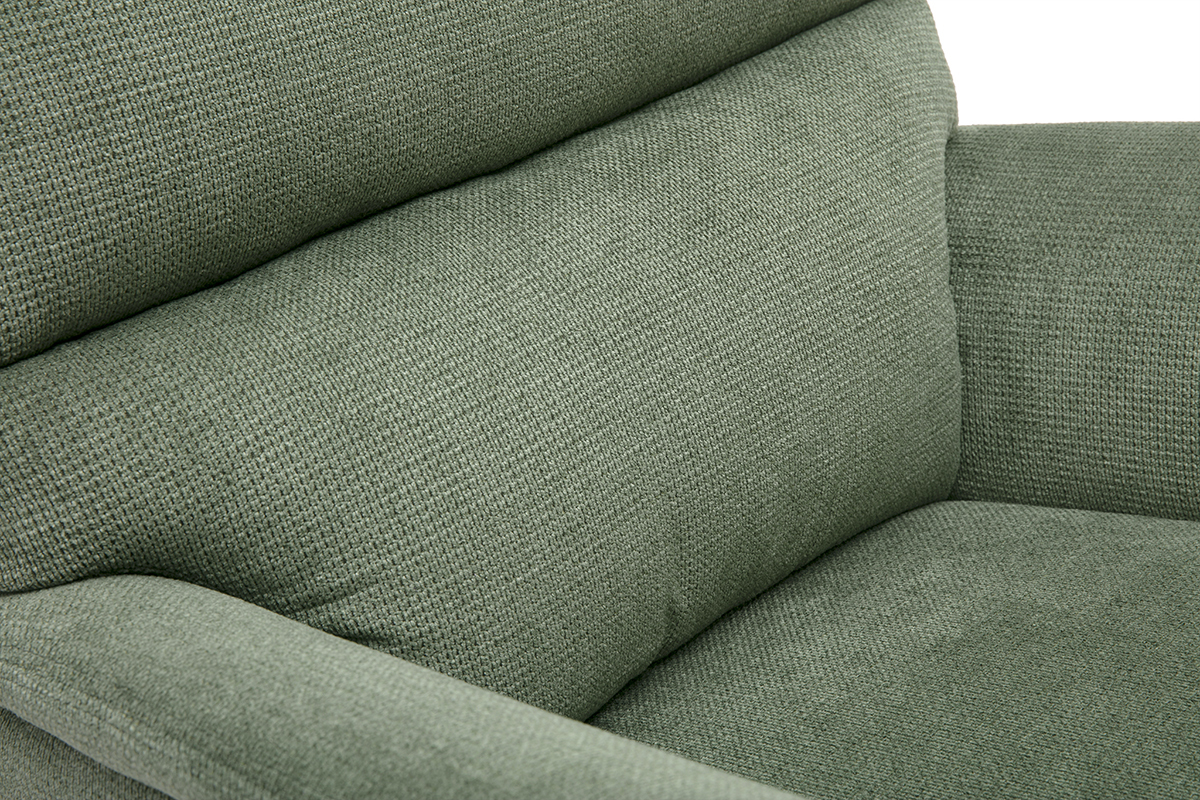 Sessel aus kakisgr�nem Chenille-Stoff, Nahaufnahme der R�ckenlehne und des Armlehns.