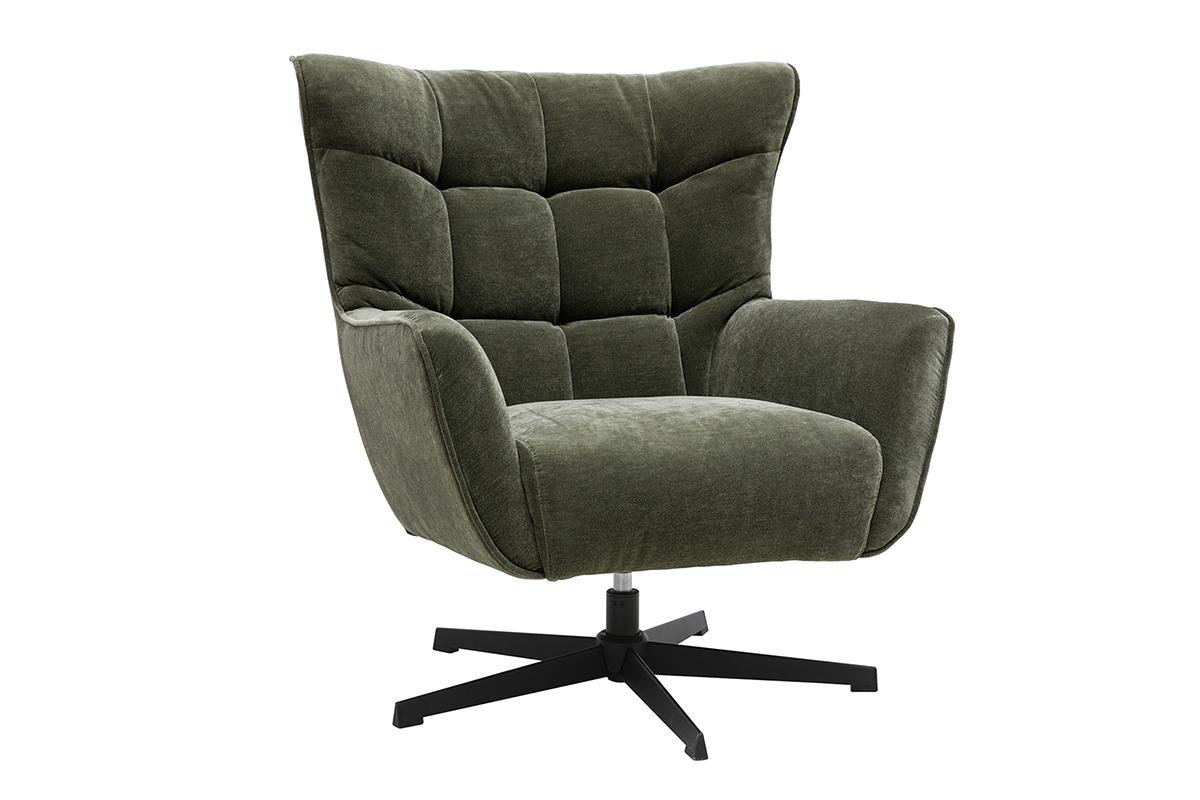 Drehbarer Sessel aus Stoff mit Samteffekt in Khaki-Gr�n und schwarzen Metallbeinen, in Dreiviertelansicht.