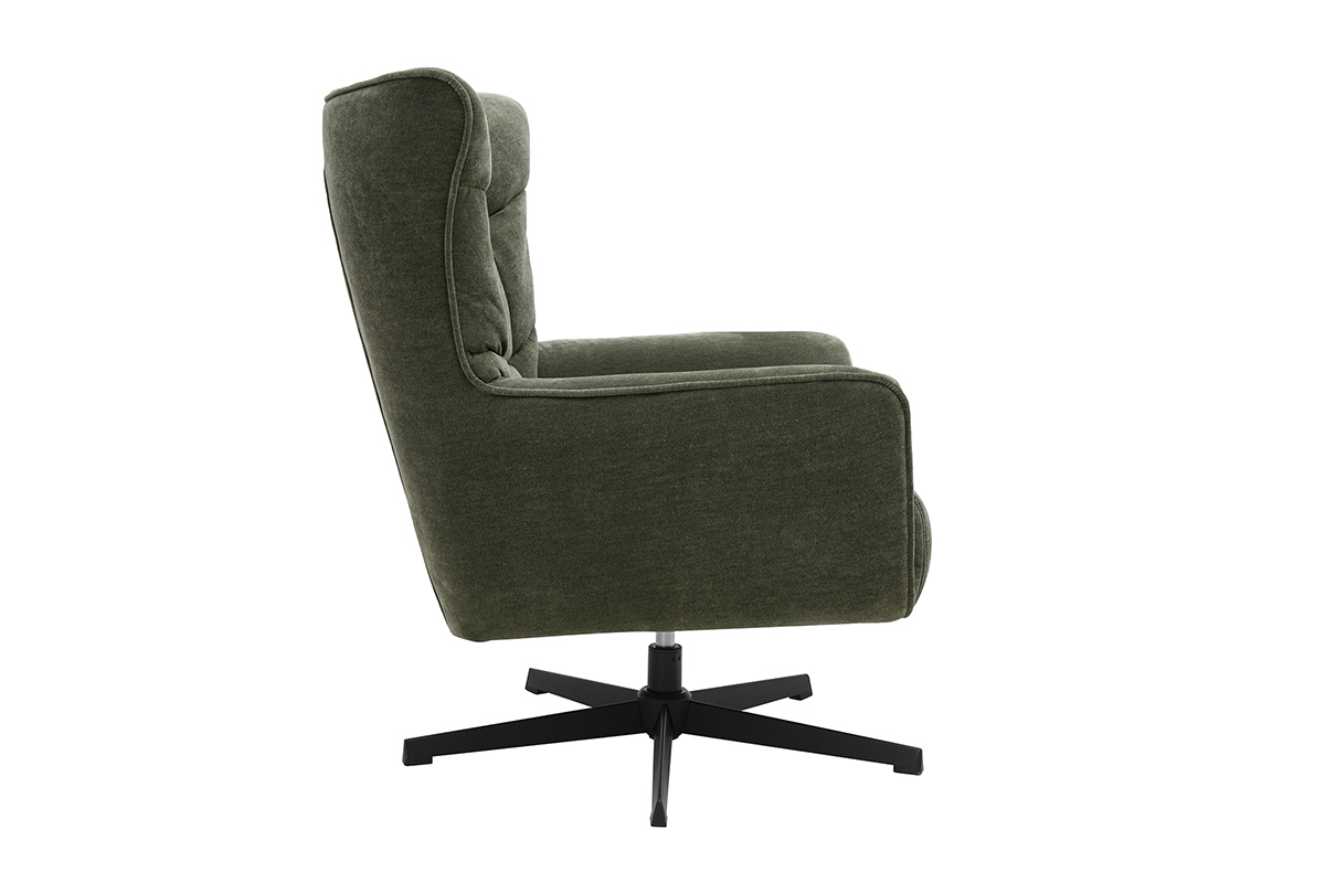Drehbarer Sessel aus gr�n-khaki Samtoptik-Stoff, Seitenansicht, mit schwarzem Metallgestell.