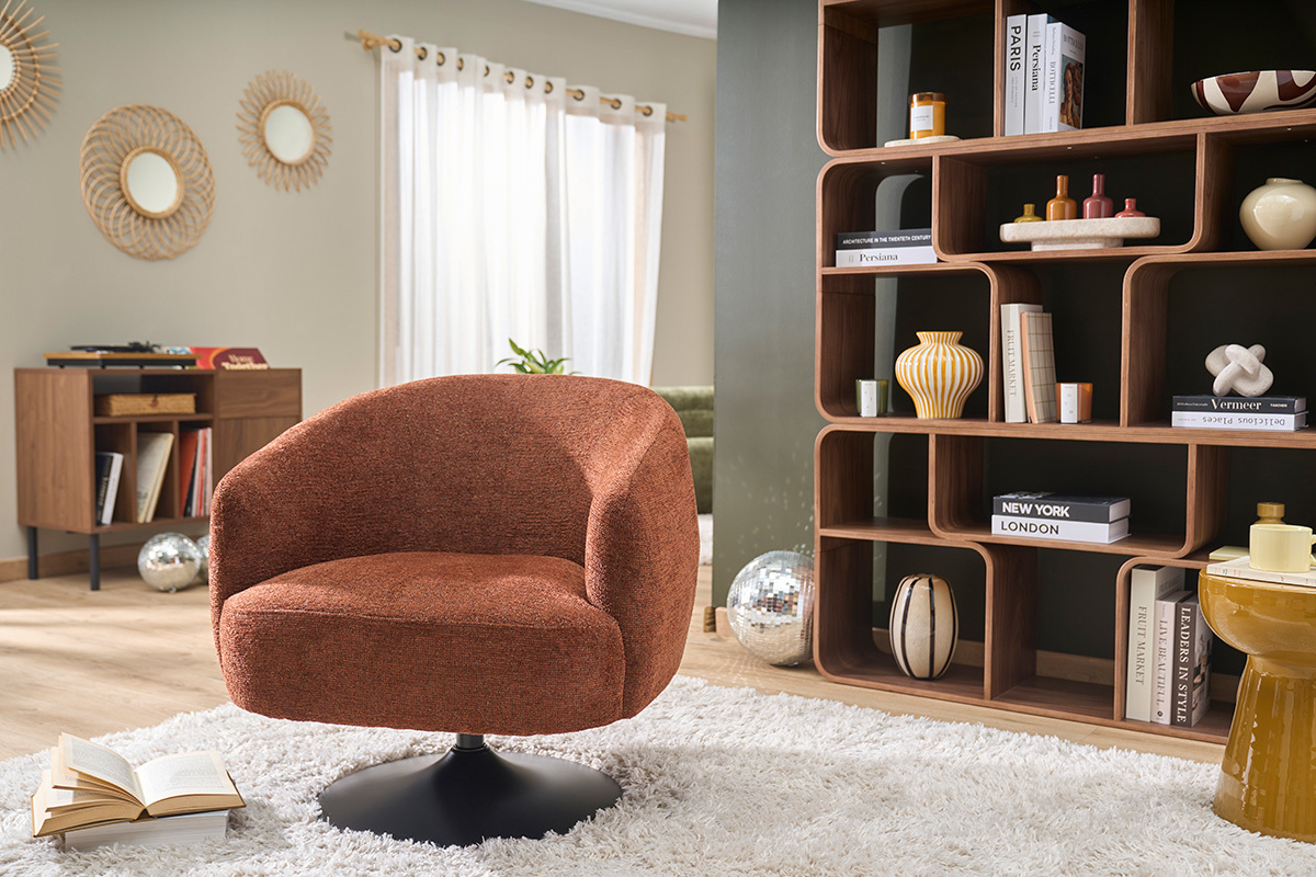 Drehbarer Sessel in gebrannter Erde Chenille-Effekt Stoff und schwarzem Metall BOWIE