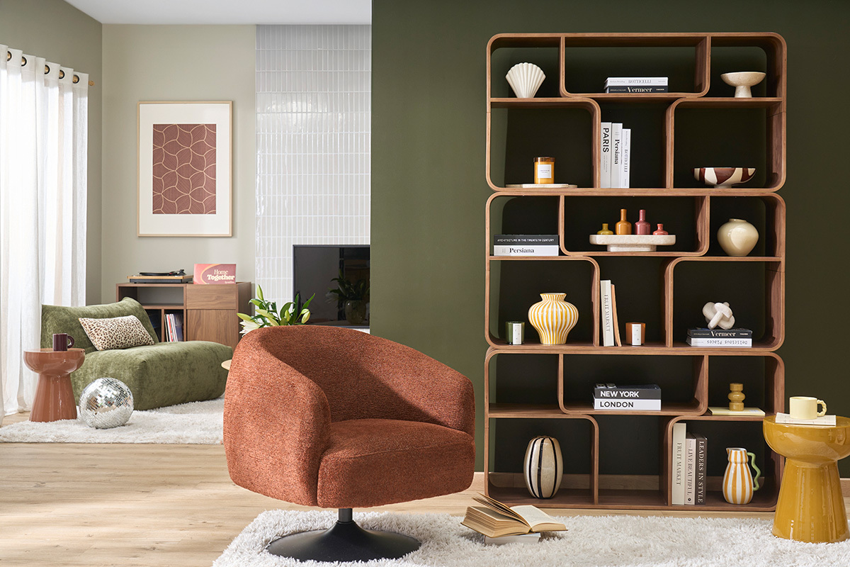 Drehbarer Sessel in gebrannter Erde Chenille-Effekt Stoff und schwarzem Metall BOWIE