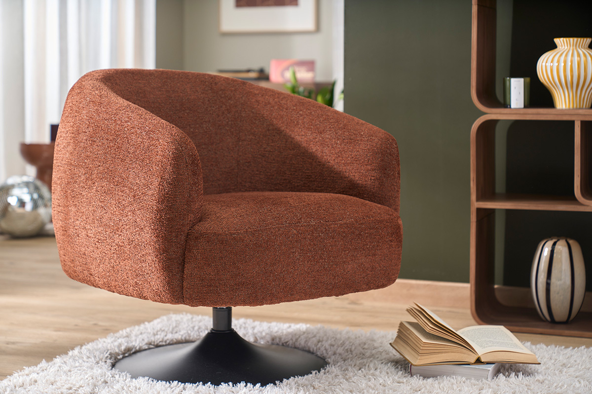 Drehbarer Sessel in gebrannter Erde Chenille-Effekt Stoff und schwarzem Metall BOWIE