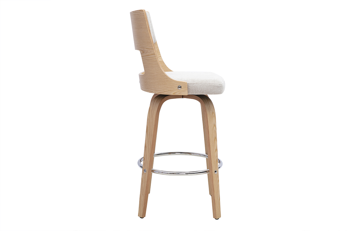 Skandinavischer beiger Barhocker, Seitenansicht, mit Gestell aus hellem Holz und Sitzkissen aus Stoff mit Samteffekt.