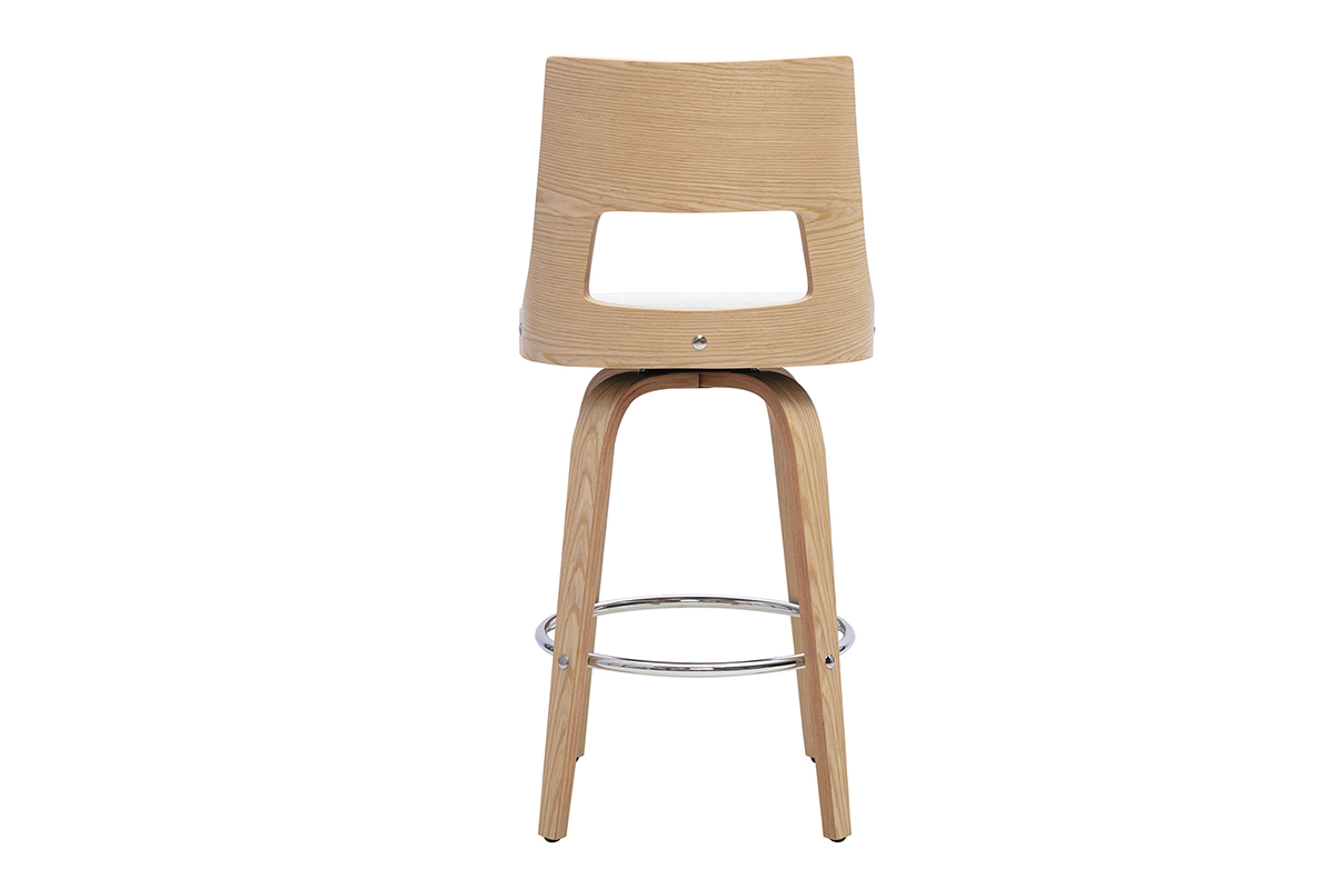 Skandinavischer drehbarer Barhocker, R�ckansicht, aus beigem Stoff und hellem Holz.