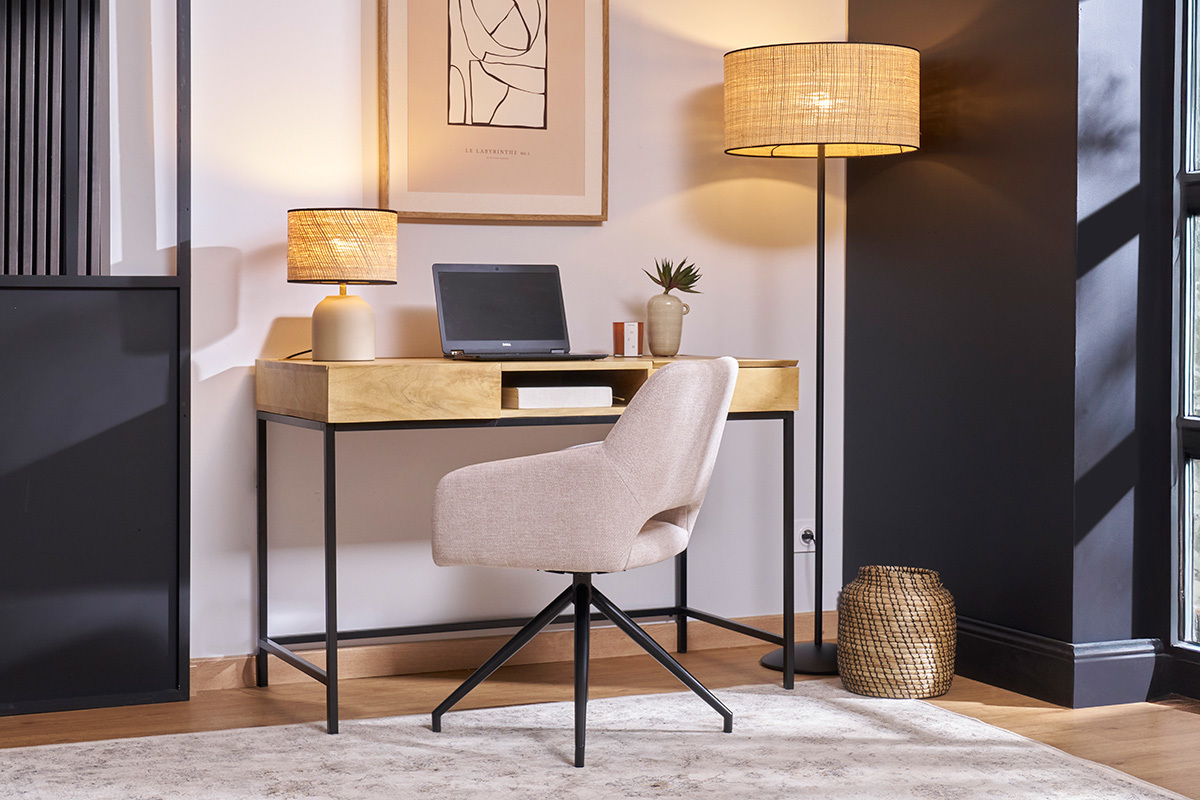 Drehstuhl 360 aus beigem Textur-Veloursstoff und schwarzem Metall LAURETTE