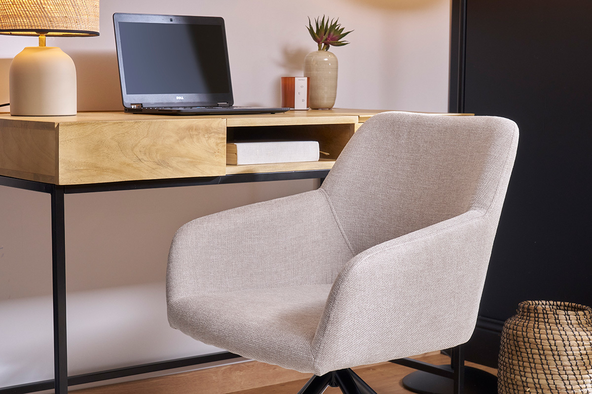 Drehstuhl 360 aus beigem Textur-Veloursstoff und schwarzem Metall LAURETTE