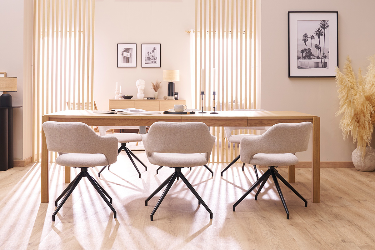 Drehstuhl 360� aus beigem strukturiertem Samteffektstoff und schwarzem Metall JESSY