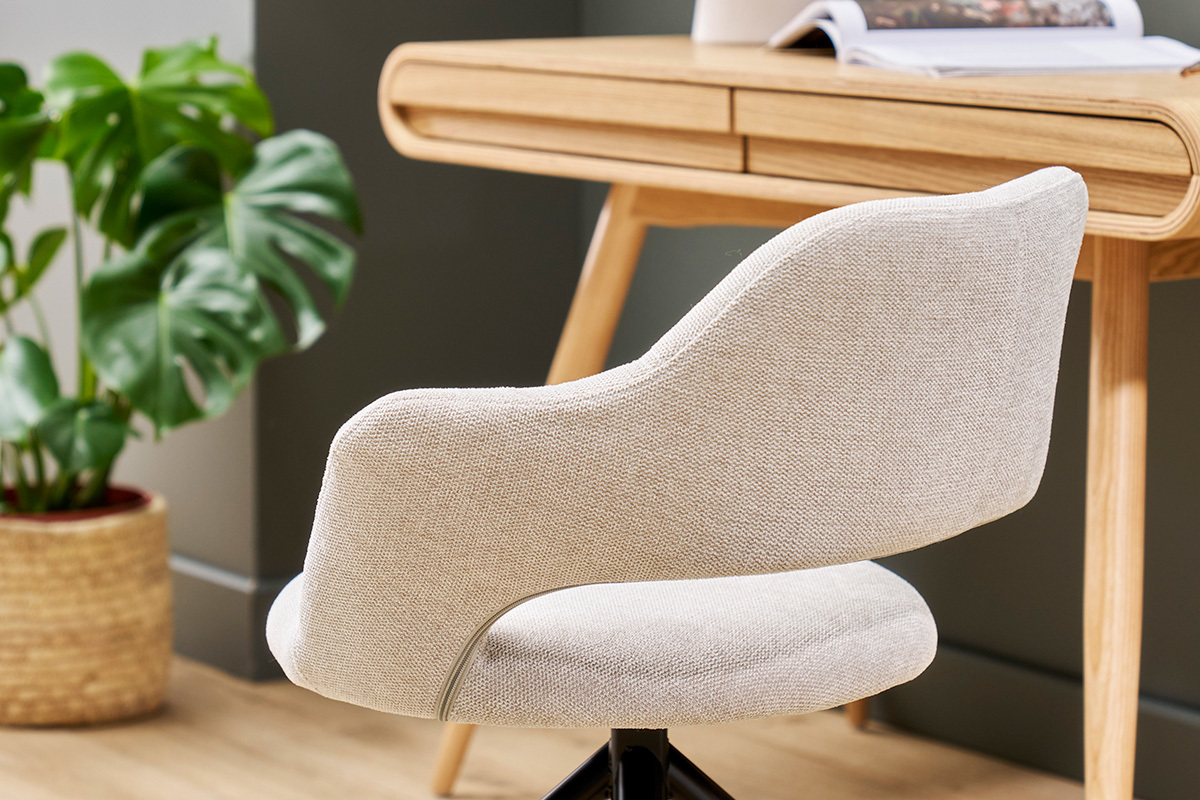 Drehstuhl 360� aus beigem strukturiertem Samteffektstoff und schwarzem Metall JESSY