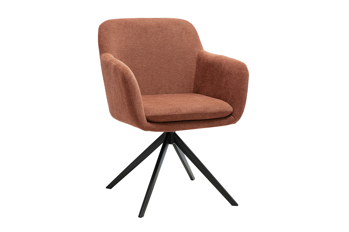 360� drehbarer Stuhl aus Chenille-Stoff in gebrannter Erde und schwarzem Metall, 3/4-Ansicht.