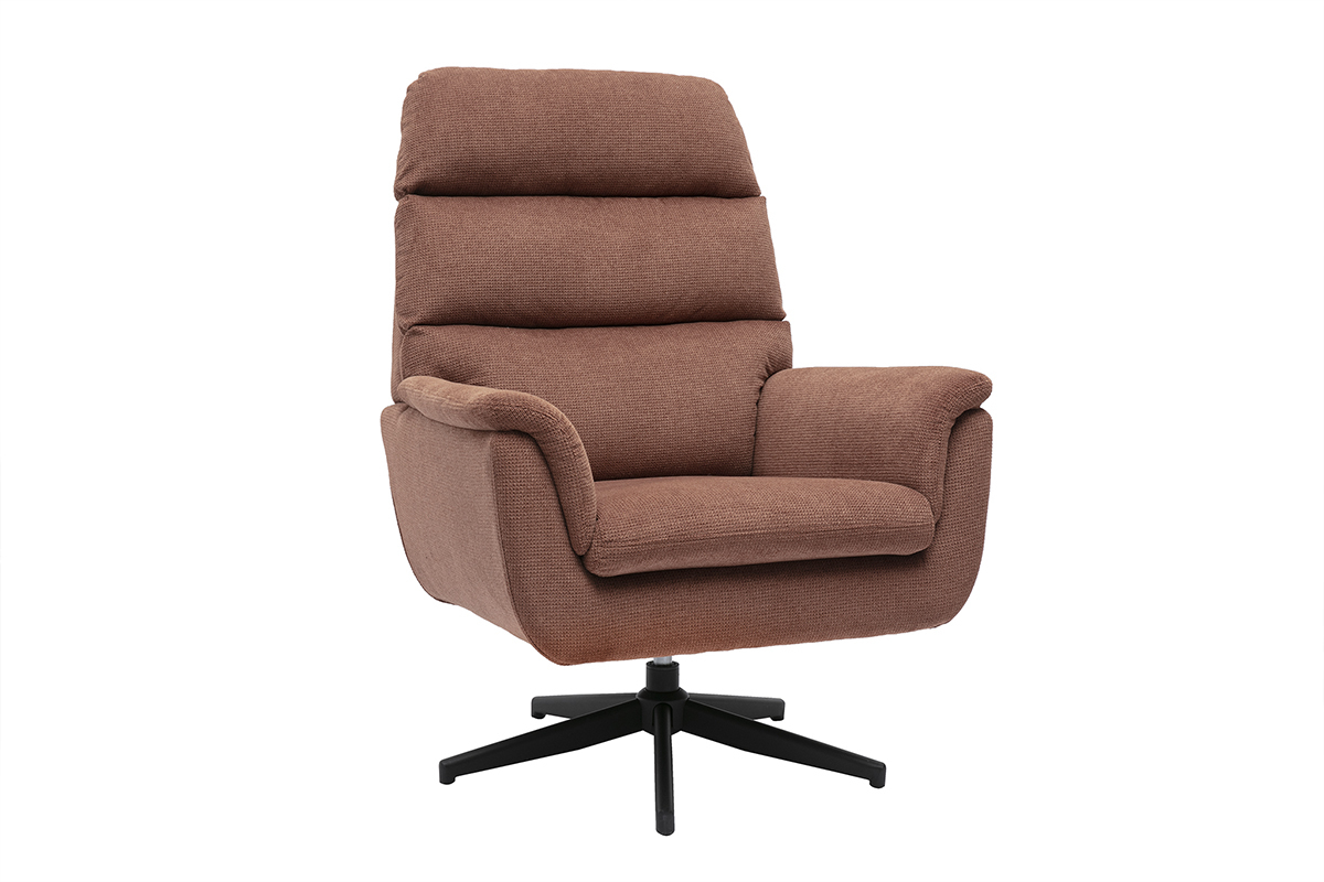 Drehbarer Sessel JONAH aus Chenille-Stoff in gebranntem Terracotta und schwarzem Metall, Ansicht von 3/4