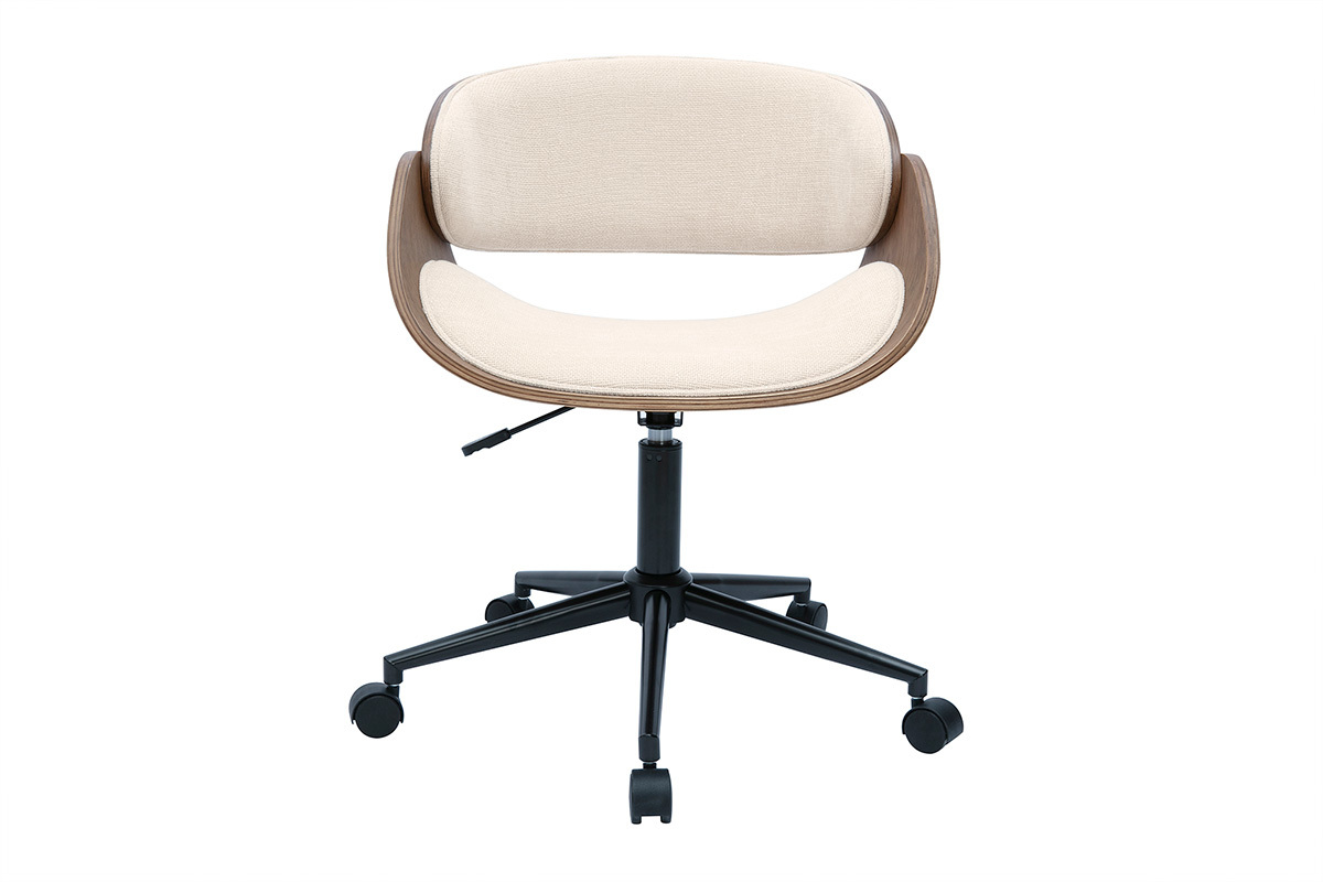 Drehstuhl aus dunklem Holz und beige Textur-Veloursstoffen BENT