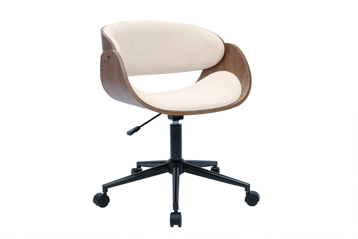 Drehstuhl aus dunklem Holz und beige Textur-Veloursstoffen BENT