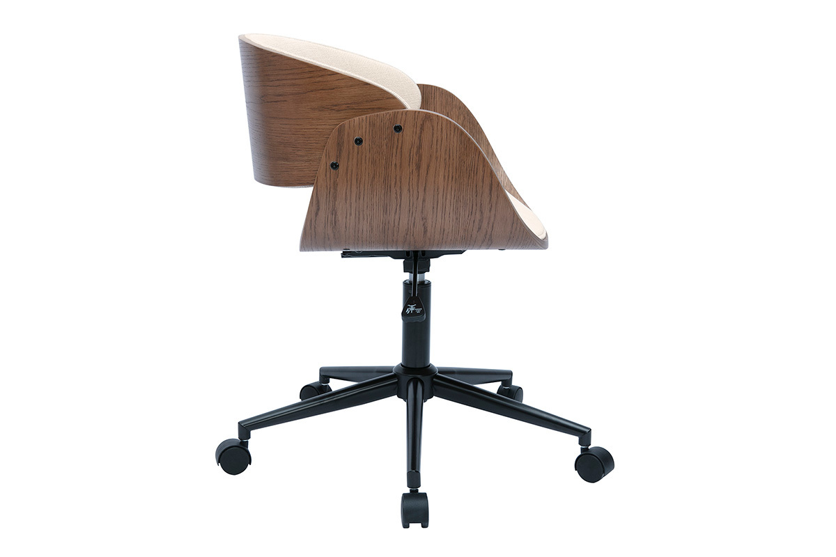 Drehstuhl aus dunklem Holz und beige Textur-Veloursstoffen BENT