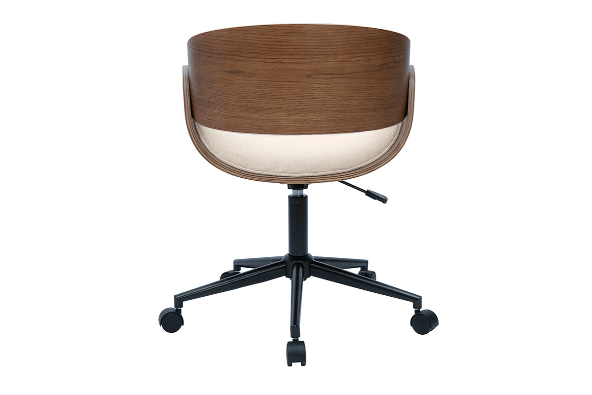 Drehstuhl aus dunklem Holz und beige Textur-Veloursstoffen BENT
