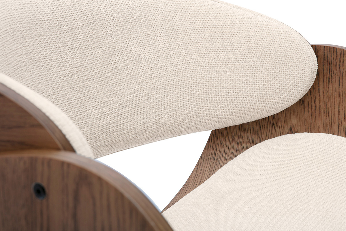 Drehstuhl aus dunklem Holz und beige Textur-Veloursstoffen BENT