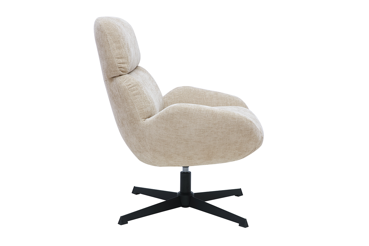Drehbarer Sessel KLEM in Taupe aus Samtstoff auf schwarzem Gestell, Seitenansicht.