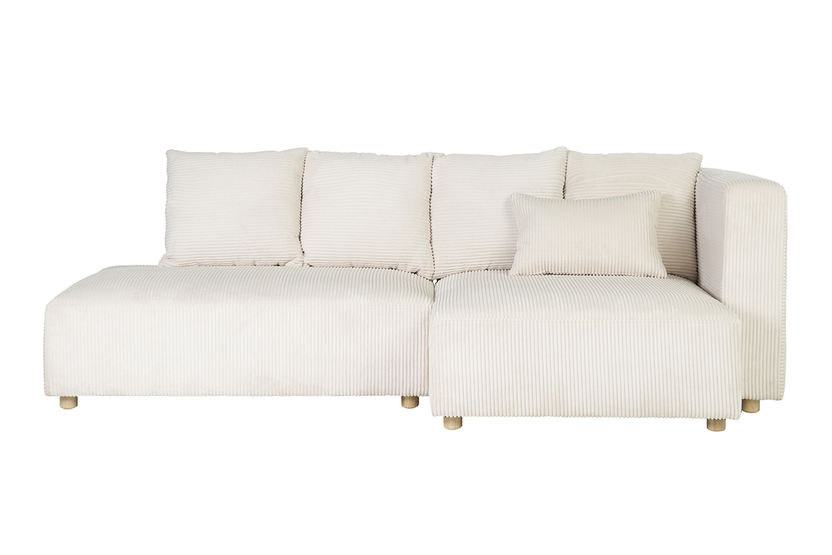 Dreisitzer Ecksofa in beige Cordstoff und hellem Holz HARLEM