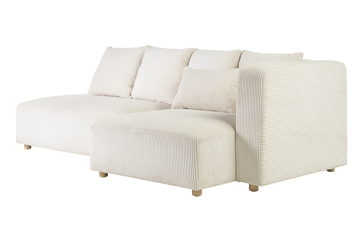 Dreisitzer Ecksofa in beige Cordstoff und hellem Holz HARLEM