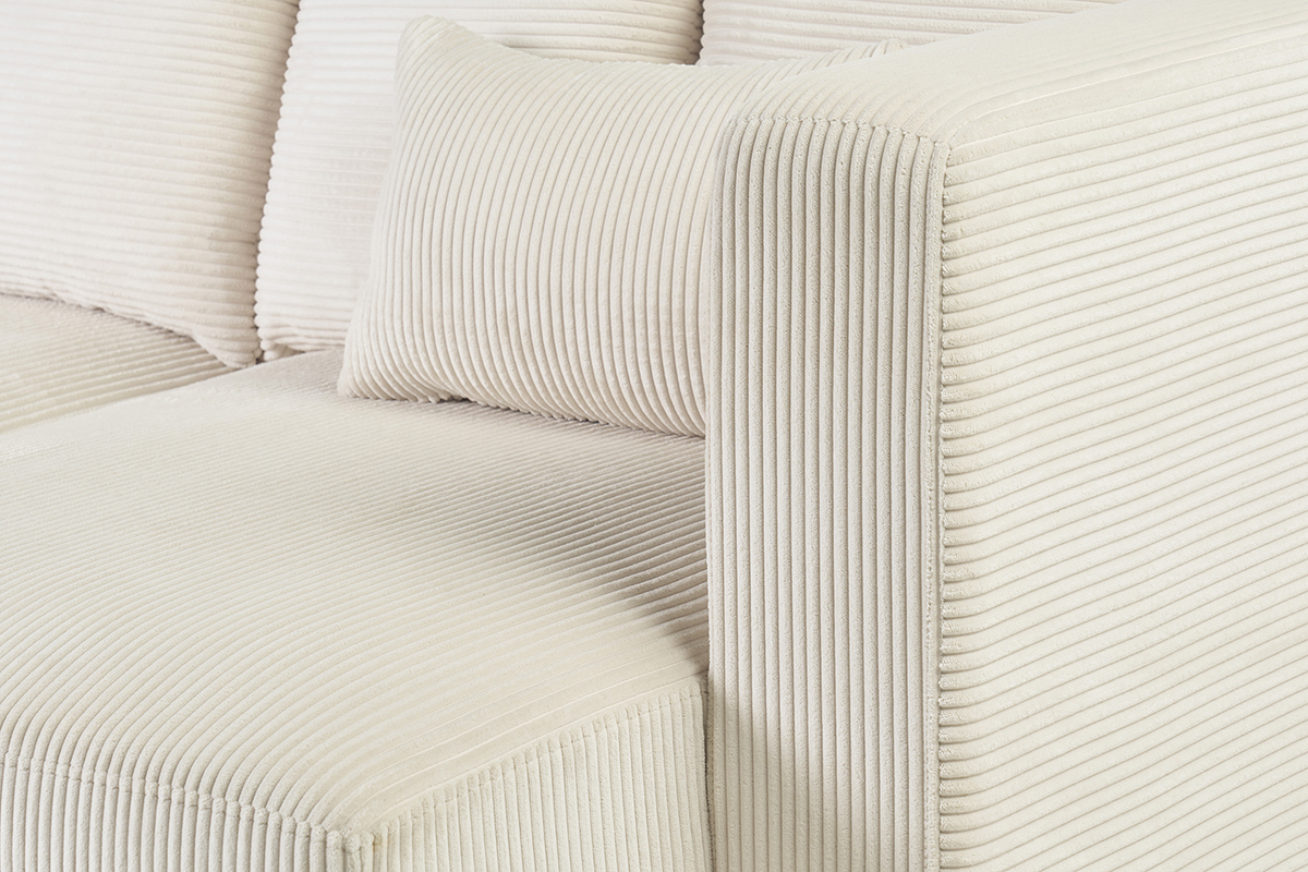 Dreisitzer Ecksofa in beige Cordstoff und hellem Holz HARLEM