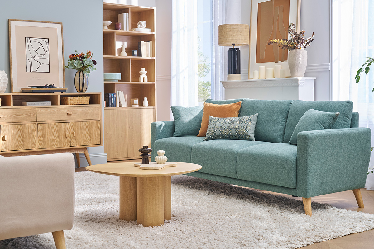 Dreisitzer-Sofa aus gr�n-grauem Stoff und hellem Holz MUNIK