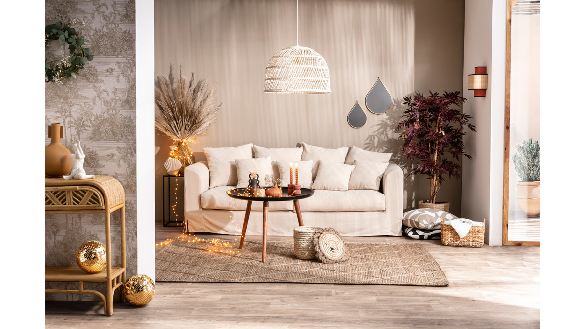 Dreisitzer-Sofa skandinavisch aus leinfarbenem Stoff mit abnehmbarem Bezug FEVER