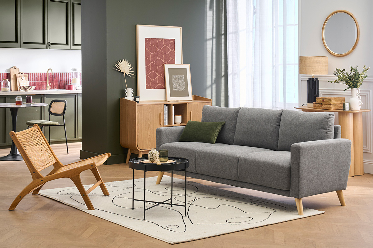Dreisitziges Sofa aus grauem Stoff und hellem Holz MUNIK