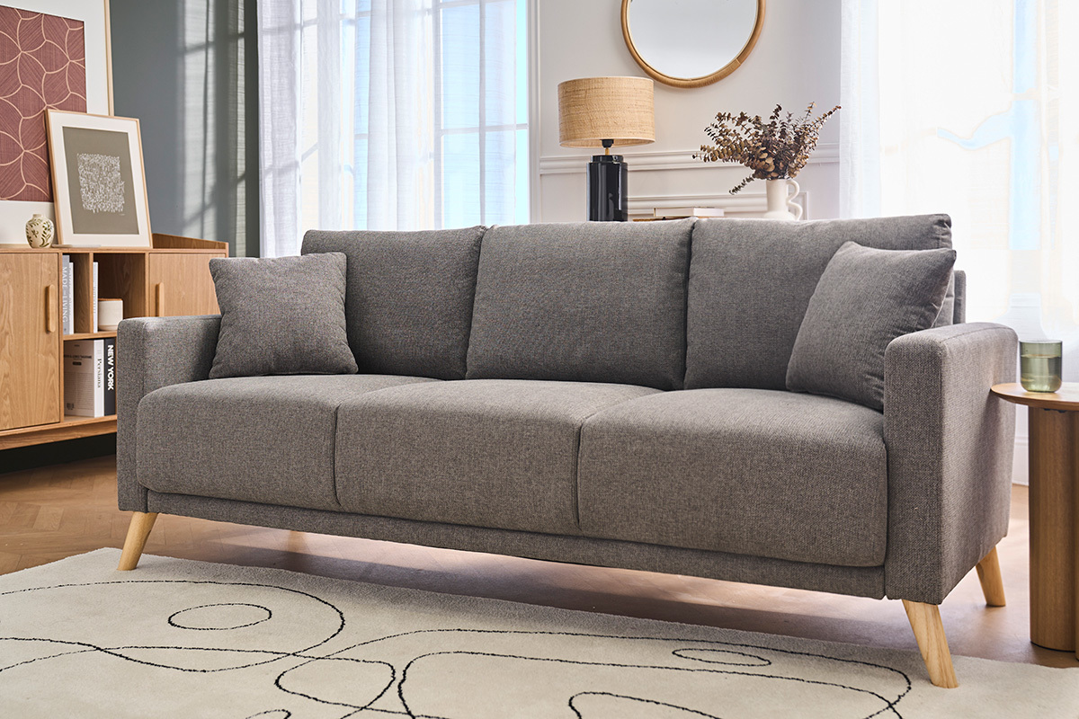 Dreisitziges Sofa aus grauem Stoff und hellem Holz MUNIK