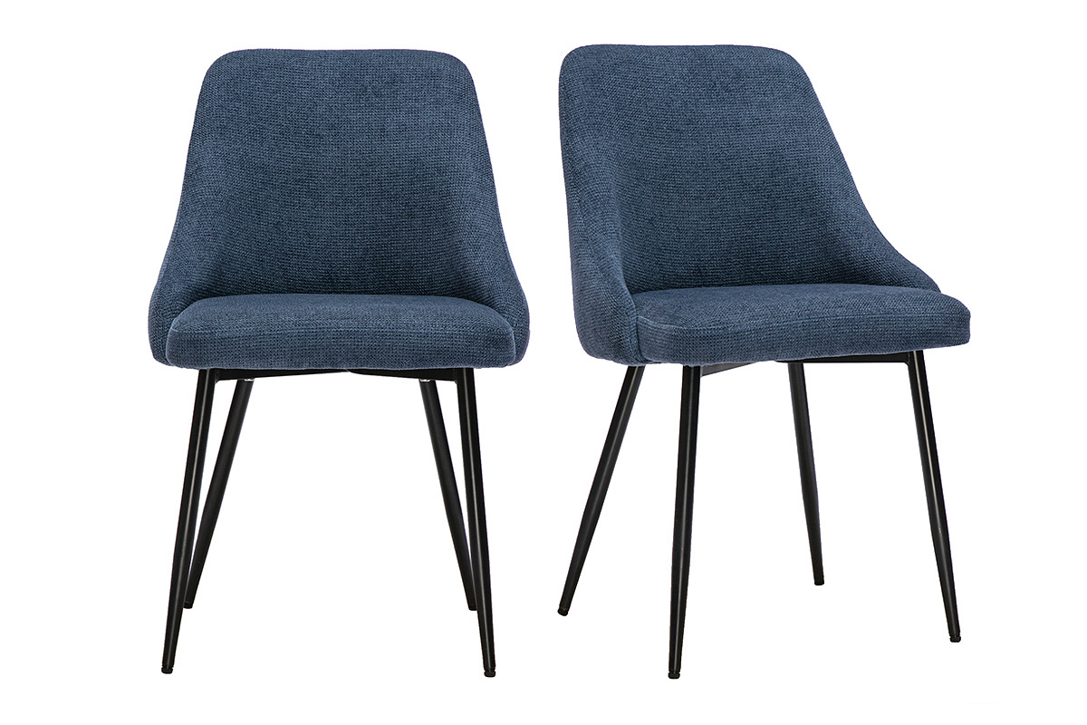 Set aus 2 St�hlen aus dunkelblauem Chenille-Stoff mit schwarzem Metallgestell, Vorderansicht.