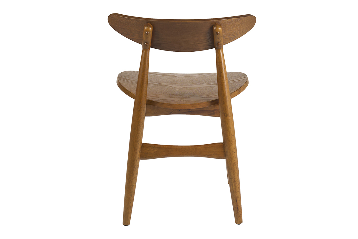 Skandinavischer Stuhl aus dunklem Eschenholz, von hinten gesehen, mit schlichtem und ergonomischem Design.