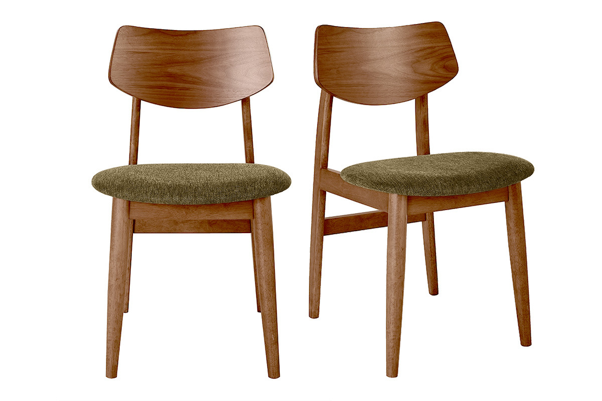 Set aus 2 skandinavischen St�hlen aus dunklem Holz und khaki-gr�nem Stoff, Frontansicht.