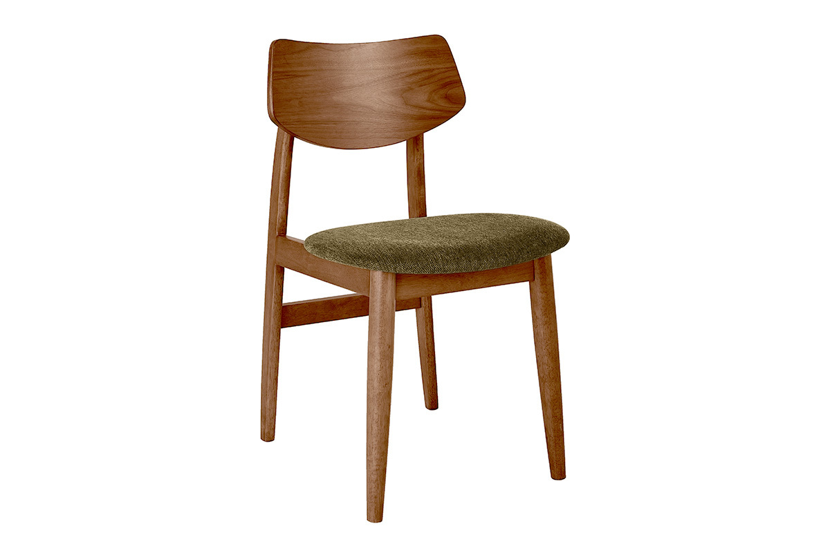 Skandinavischer Stuhl aus dunklem Holz mit Sitzfl�che aus khaki-gr�nem Stoff, in Dreiviertelansicht.