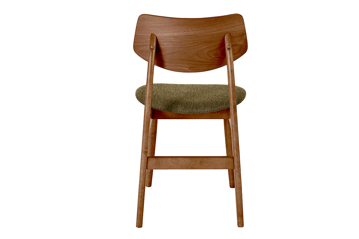Skandinavischer Stuhl aus dunklem Holz und khakigr�nem Stoff, R�ckansicht.