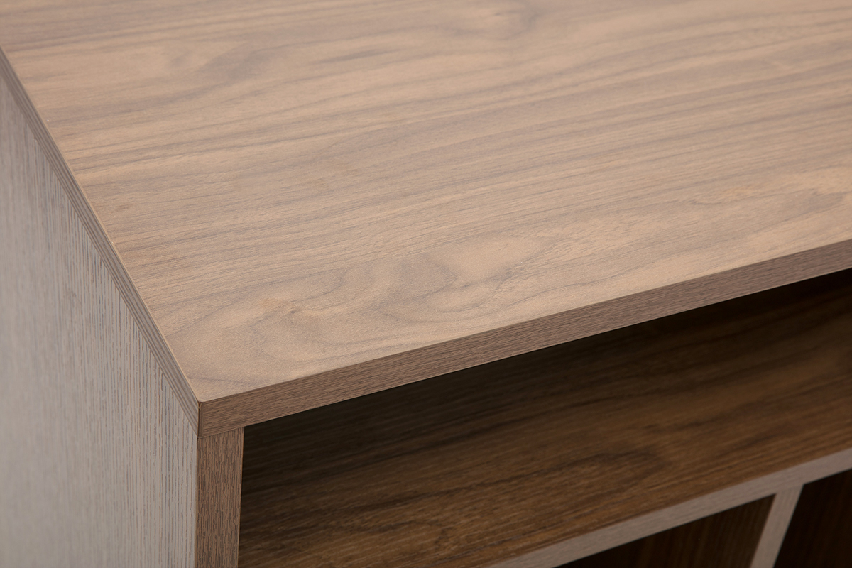 Dunkles Holz Vinyl-Aufbewahrungsbuffet mit Walnuss-Finish und schwarzem Metall L90 cm KANE