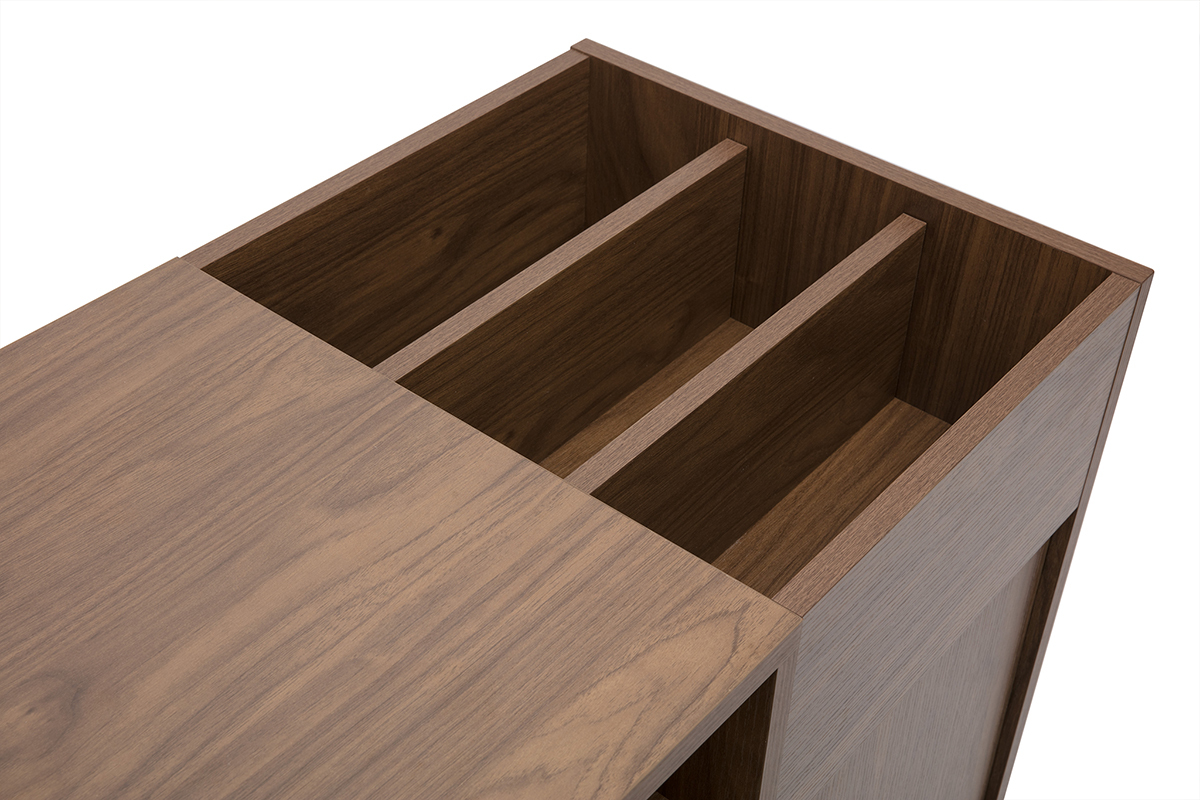 Dunkles Holz Vinyl-Aufbewahrungsbuffet mit Walnuss-Finish und schwarzem Metall L90 cm KANE