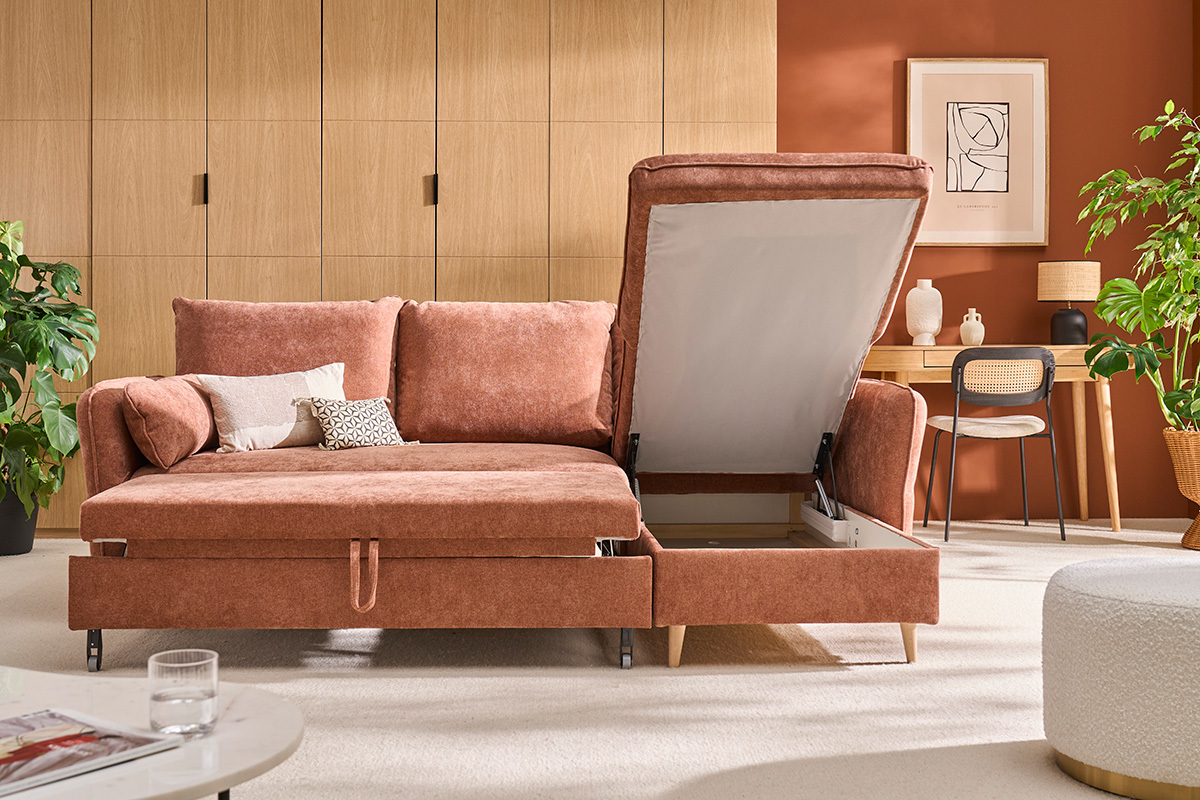 Eck-Schlafsofa mit Stauraum 3/4-Sitzer Stoff in Terracotta und helles Holz DRISS