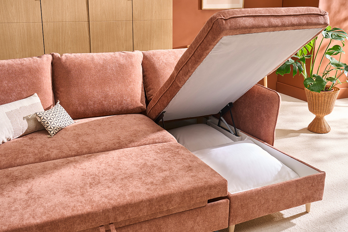 Eck-Schlafsofa mit Stauraum 3/4-Sitzer Stoff in Terracotta und helles Holz DRISS