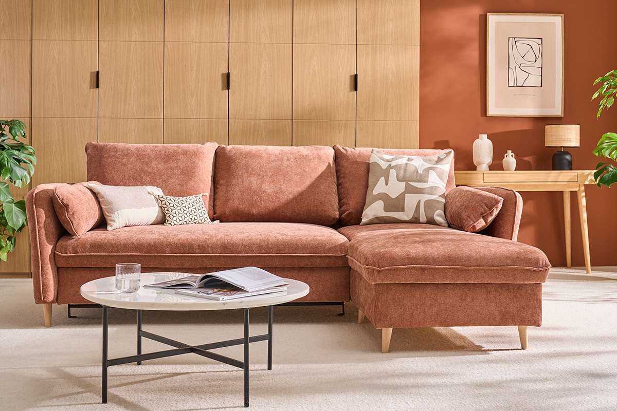 Eck-Schlafsofa mit Stauraum 3/4-Sitzer Stoff in Terracotta und helles Holz DRISS
