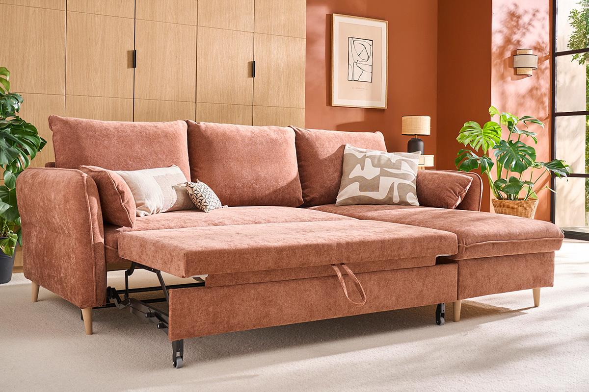 Eck-Schlafsofa mit Stauraum 3/4-Sitzer Stoff in Terracotta und helles Holz DRISS