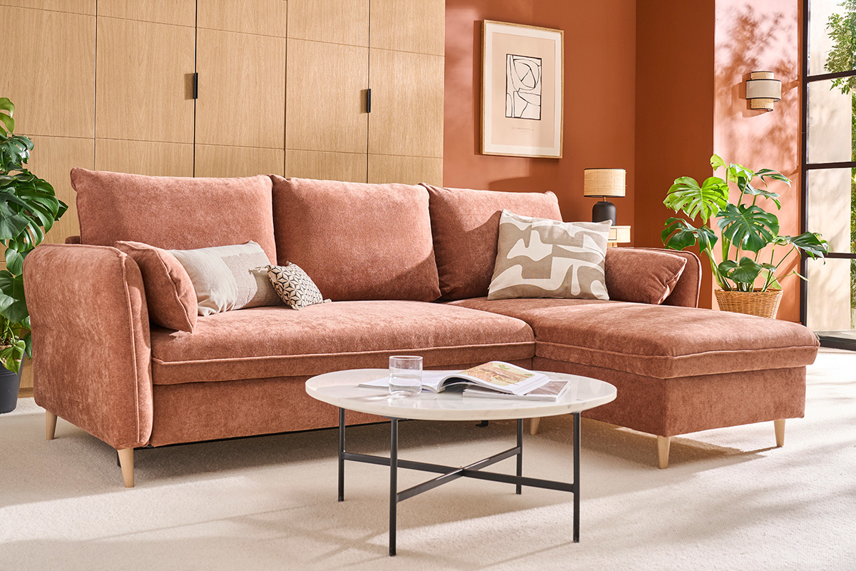 Eck-Schlafsofa mit Stauraum 3/4-Sitzer Stoff in Terracotta und helles Holz DRISS