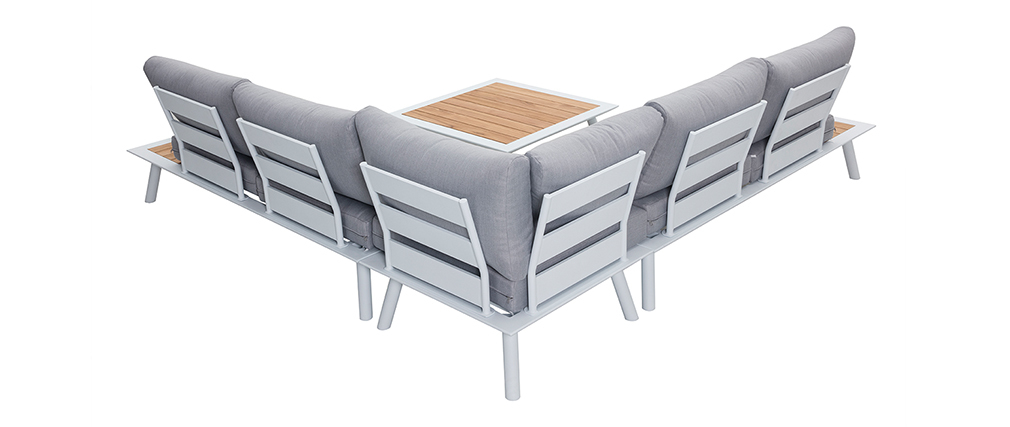Eck-Sitzgarnitur BELLS aus weißem Aluminium, Teak und hellgrauem Stoff