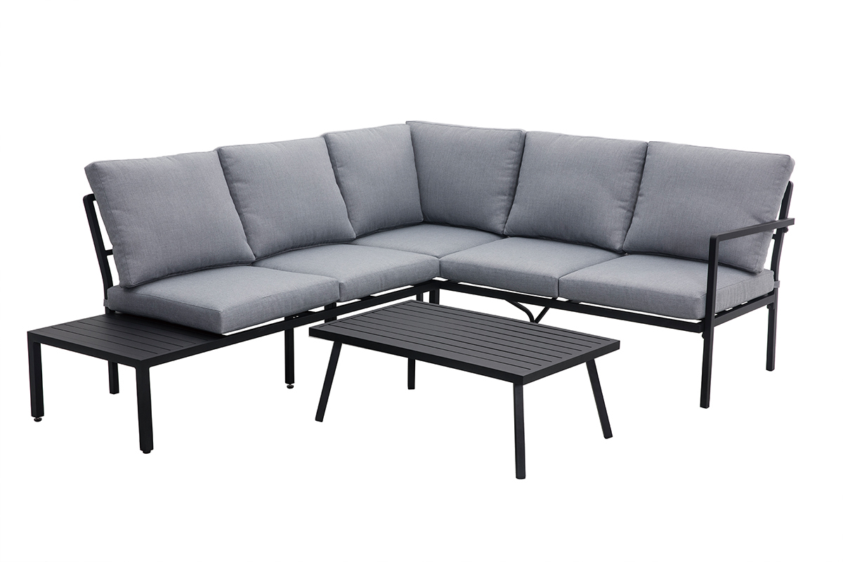 Eck-Sitzgarnitur SAIGON aus schwarzem Metall und hellgrauem Stoff