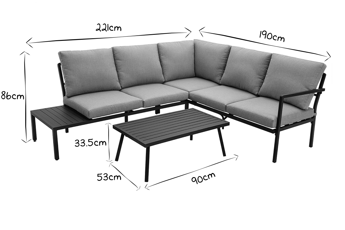 Eck-Sitzgarnitur SAIGON aus schwarzem Metall und hellgrauem Stoff