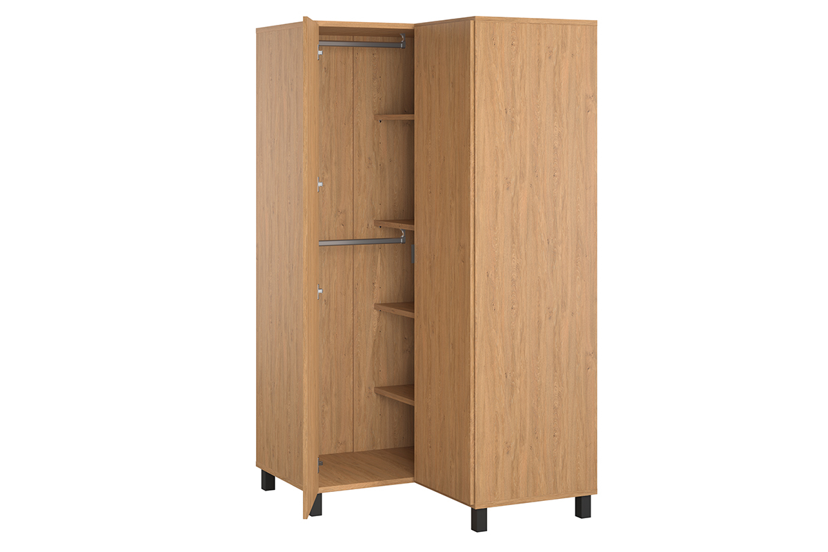Eckschrank mit Garderobe und Regalen aus Holz und schwarzem Metall ORKIS