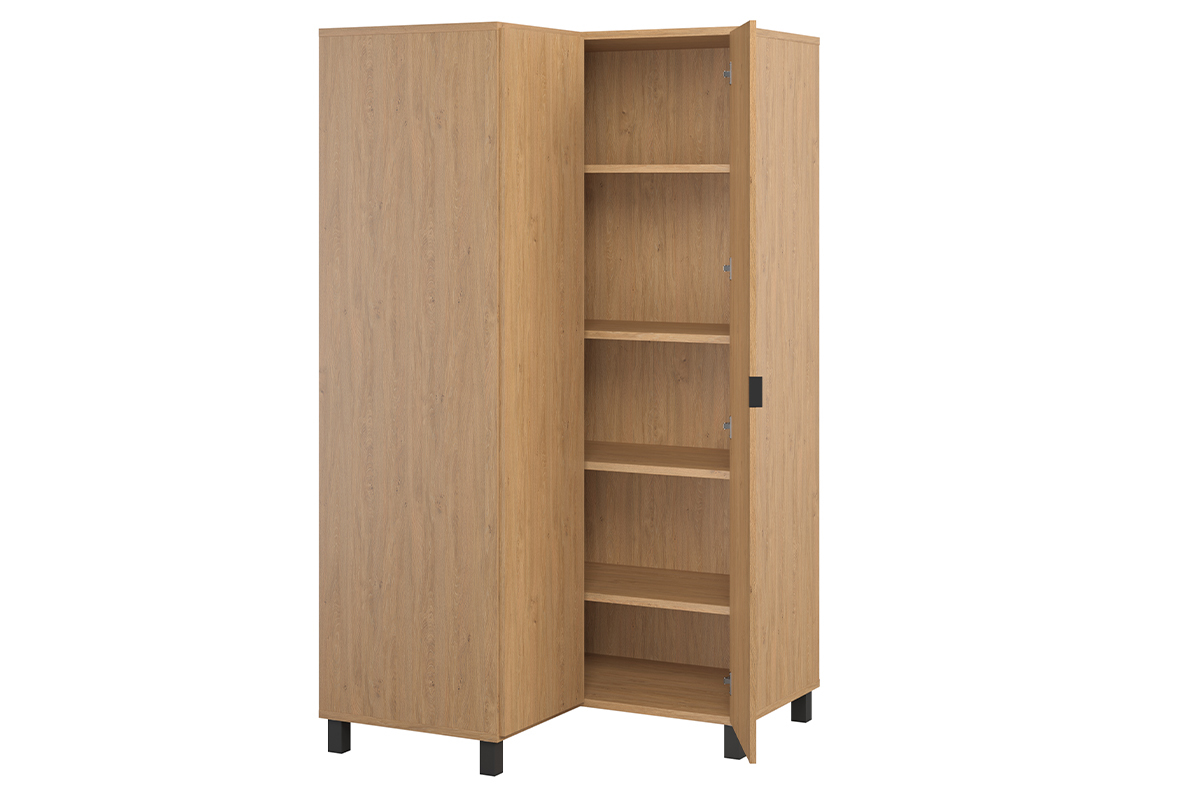 Eckschrank mit Garderobe und Regalen aus Holz und schwarzem Metall ORKIS