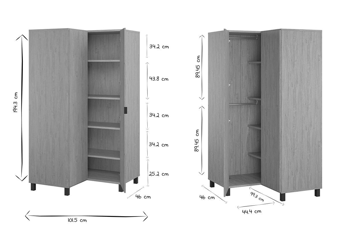 Eckschrank mit Garderobe und Regalen aus Holz und schwarzem Metall ORKIS
